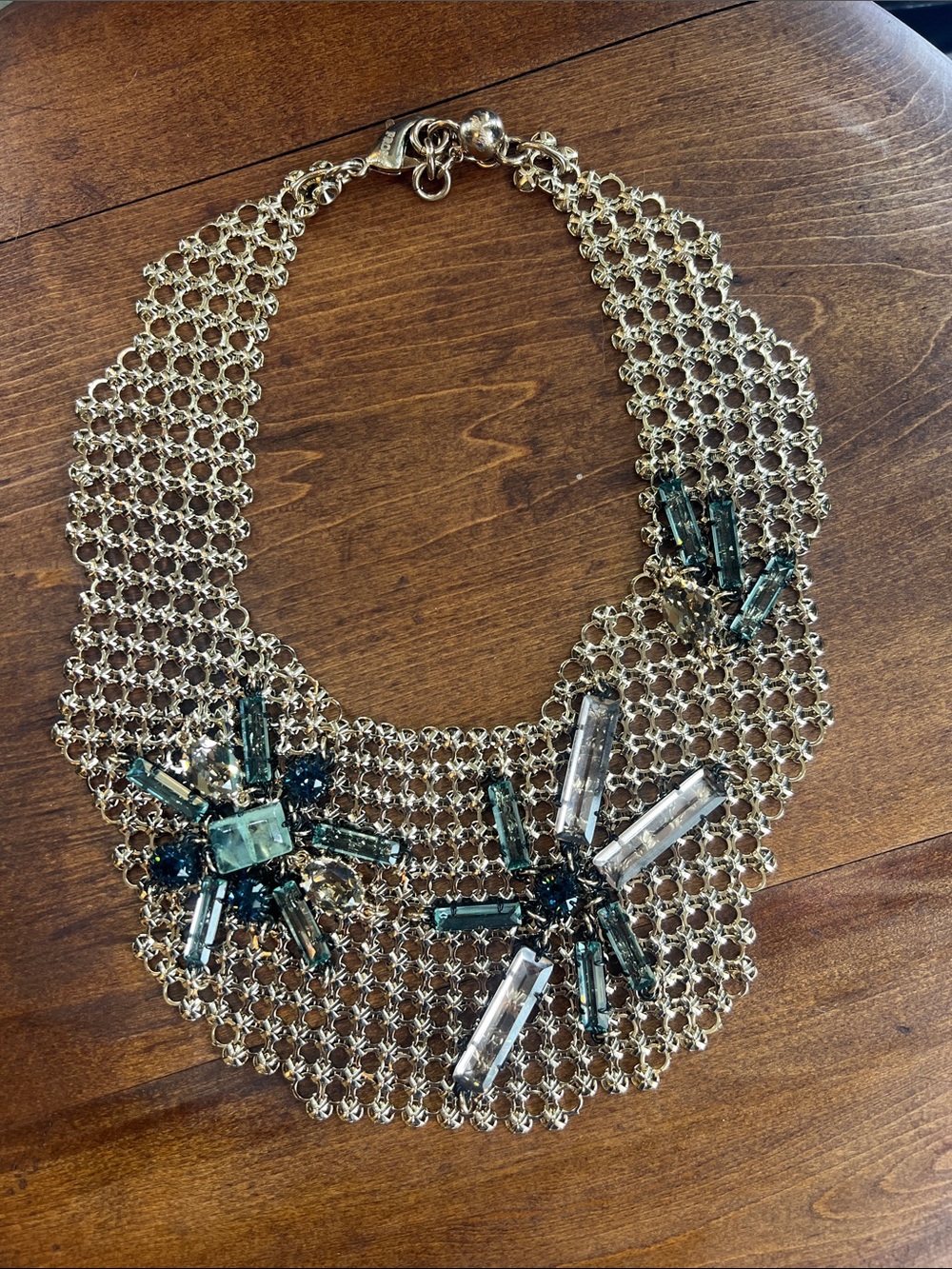 Vintage Lulu Frost Gold Mesh Statement Necklace with Green and Clear Crystal